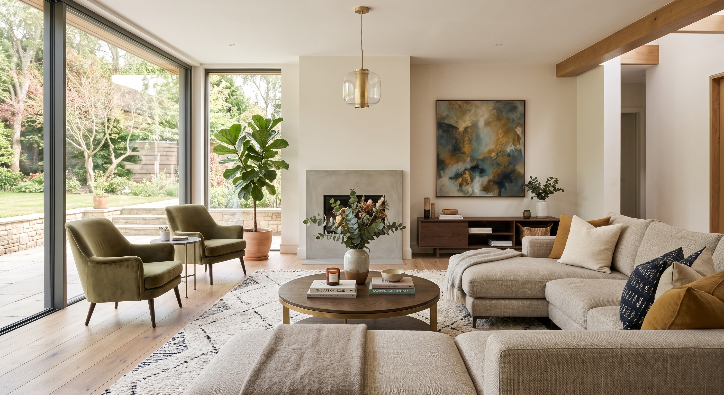 Living room with floor-to-ceiling glass doors opening onto a garden