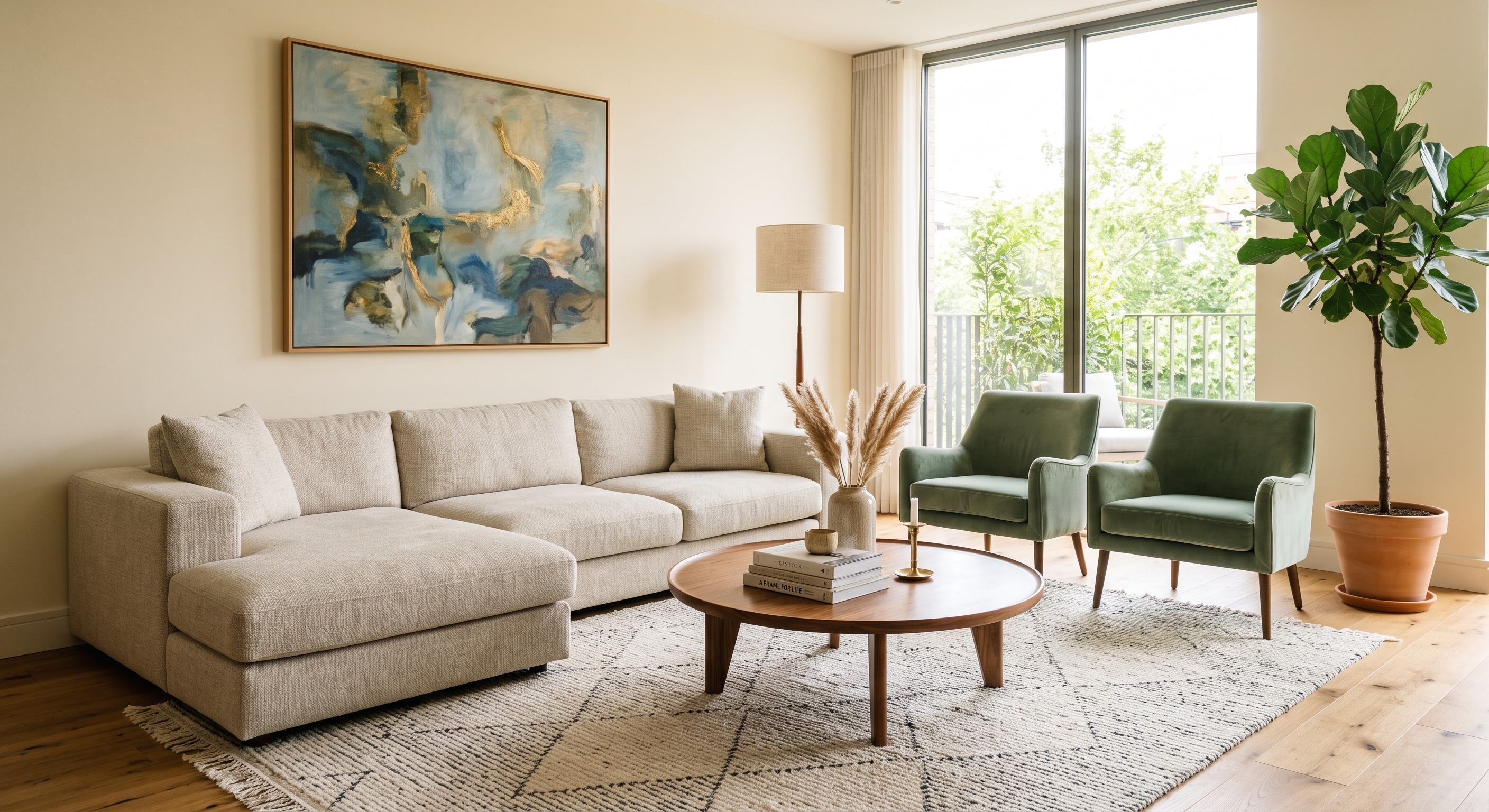 Living room with a sectional sofa and a blue abstract painting