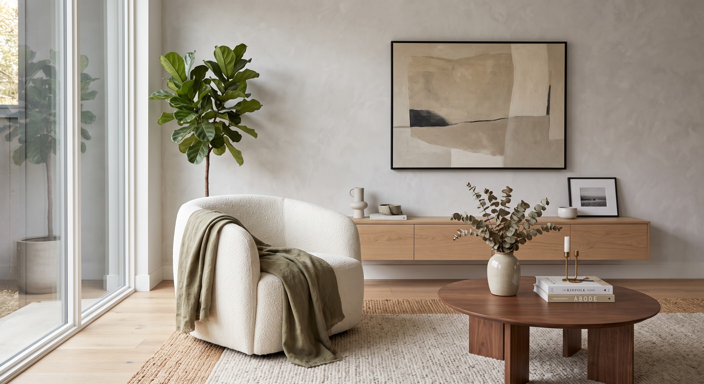 Living room with a boucle swivel chair and a floating wood console