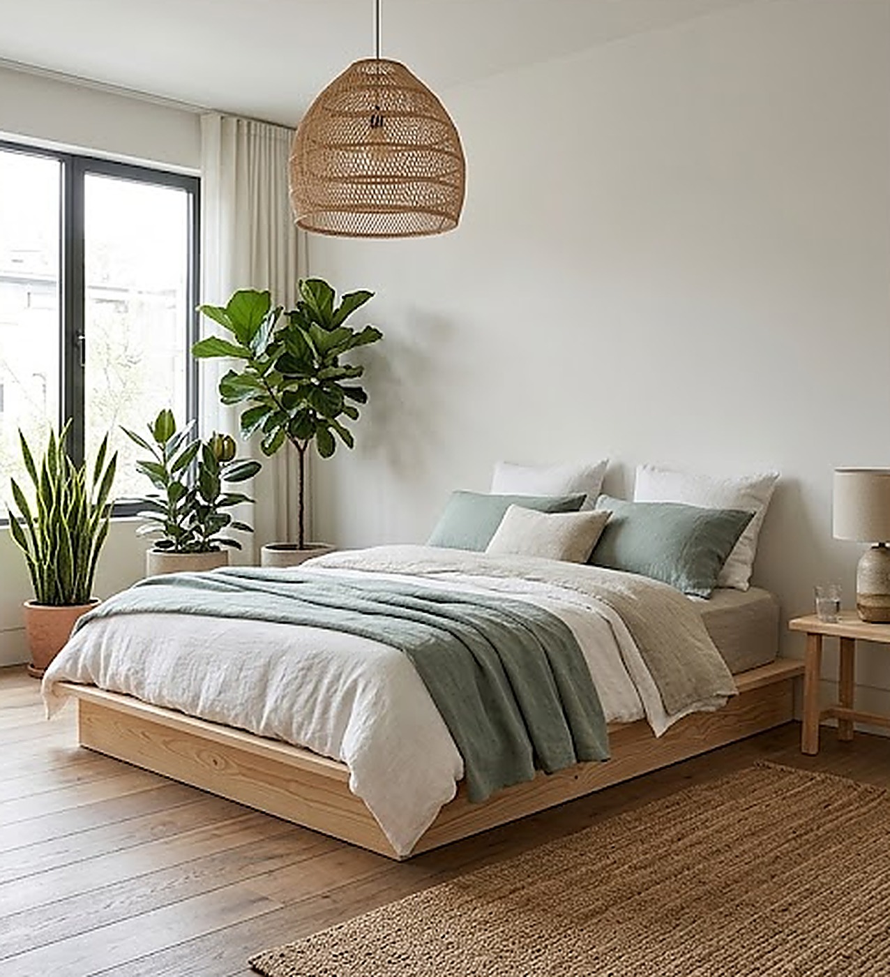 Bedroom with a rattan pendant light and layered plants