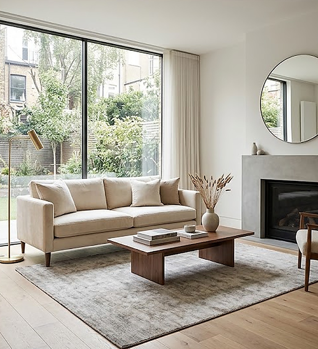 Bright living room with floor-to-ceiling windows and a linen sofa