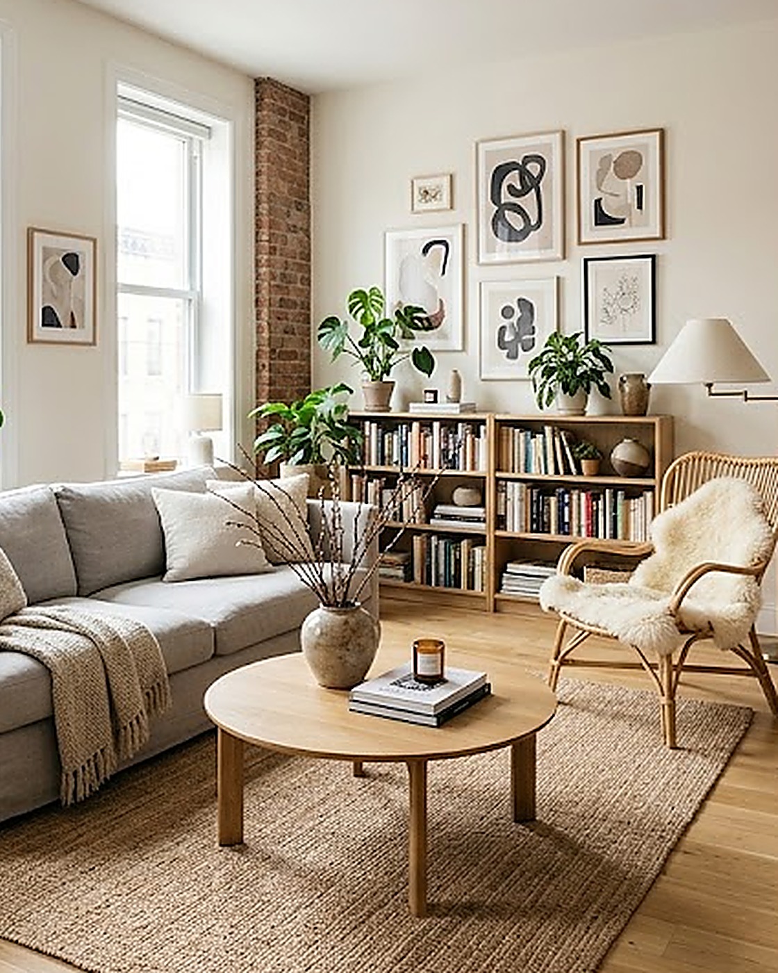 Living room reading nook with a gallery wall and rattan chair